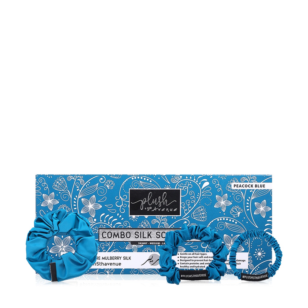 Combo Silk Scrunchies - 3 pcs - Peacock Blue