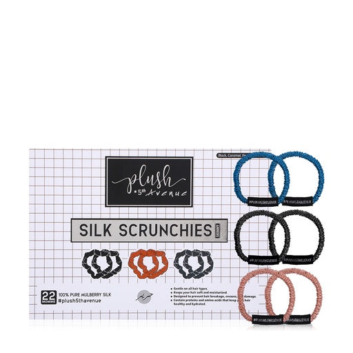 Skinny Silk Scrunchies Set – 6 pcs – Black,Caramel & Peacock Blue